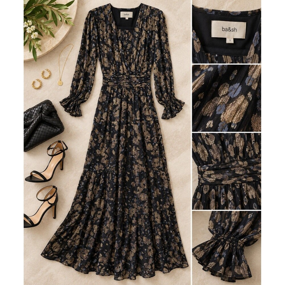 ba&sh Tilane Dress S Black Metallic Floral Silk Maxi Gown NWT $695